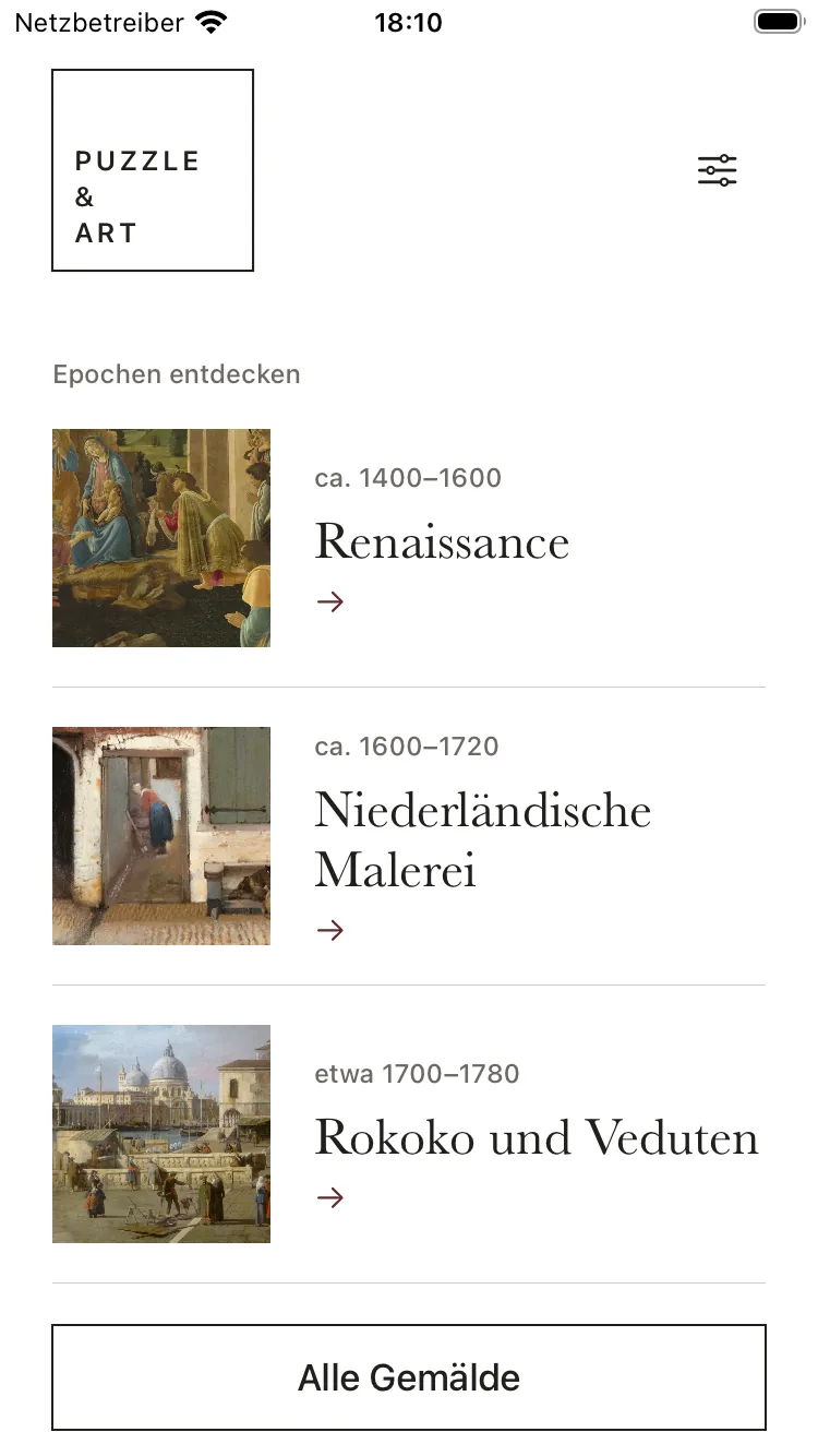 The app’s home screen with the eras Renaissance, Dutch painting and Rococo